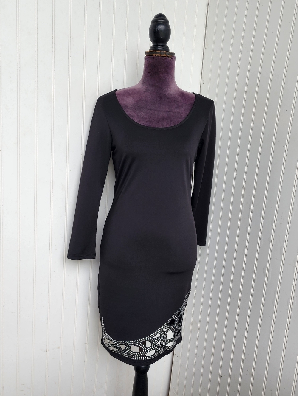 BaileyBlue BLACK Silver Rhinestone Sparkly Dress Laser Cut Long Sleeve Stretch S